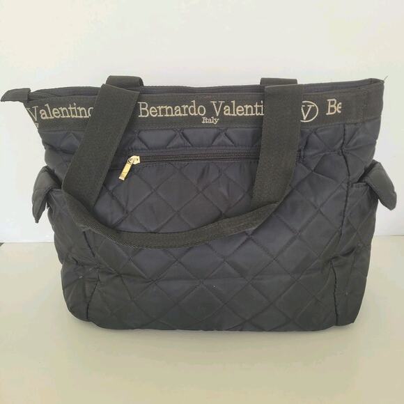 Bernardo Valentino Quilted Tote Shoulder Bag Black Nylon Lightweight Zip Large - Picture 2 of 10